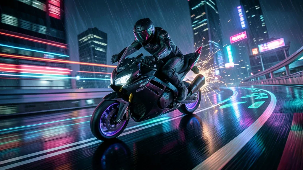 A cyberpunk hover bike racer on a wet neon highway