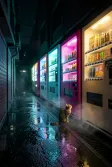 Glowing alley vending machines at night with a stray cat