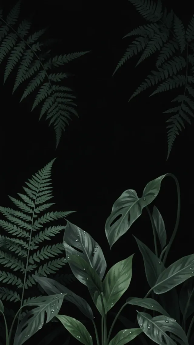 A dark moody botanical phone wallpaper with fern fronds