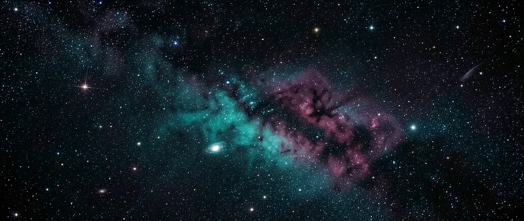 A teal and magenta deep-space nebula ultrawide — AI-generated example render