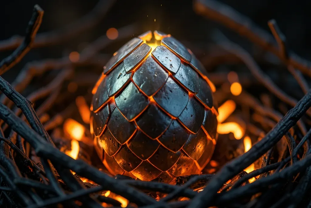 A macro dragon egg with metallic scales in glowing embers