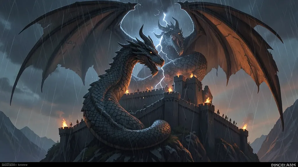 A colossal dragon coiled around a storm-lit mountain keep