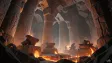 A cavernous dwarven forge hall glowing with molten metal