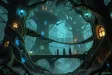 An elven city grown into giant glowing trees at evening