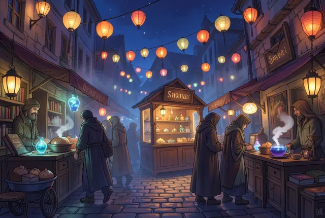 A lantern-lit enchanted fantasy night market alley