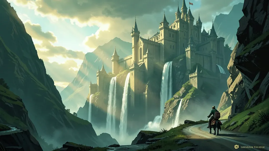 A fantasy castle in a mountainside at dawn — AI-generated example render