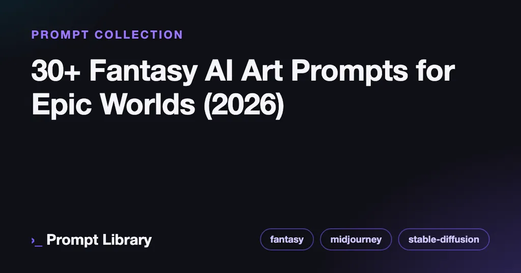 Branded cover card for the prompt collection “30+ Fantasy AI Art Prompts for Epic Worlds (2026)”, dark theme with iris accent