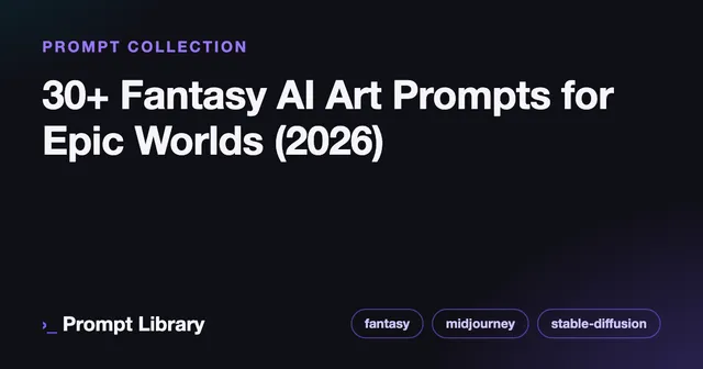 Branded cover card for the prompt collection “30+ Fantasy AI Art Prompts for Epic Worlds (2026)”, dark theme with iris accent