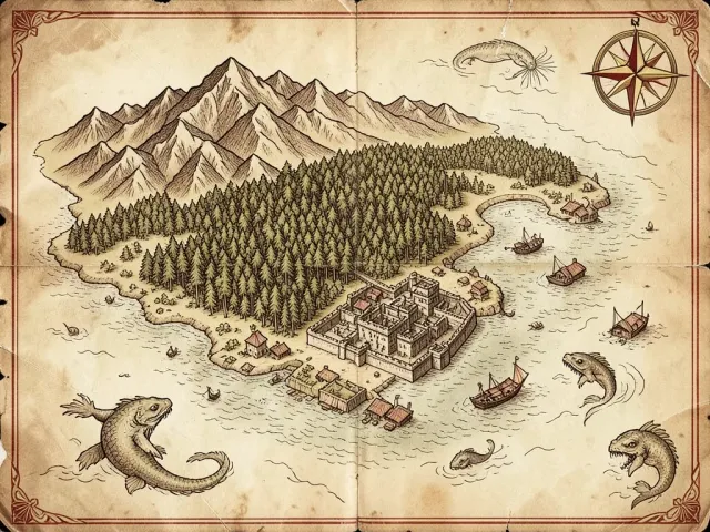 A hand-drawn fantasy island kingdom map on parchment