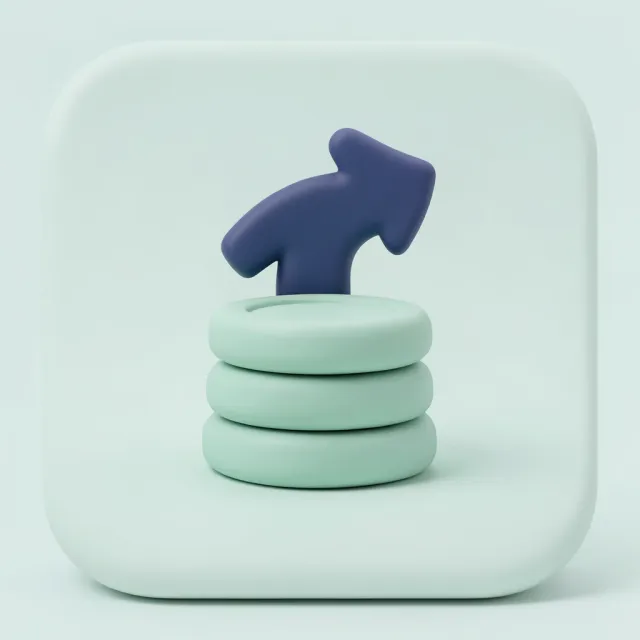 A soft 3D coin-stack and arrow finance app icon in mint and navy