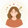 A warm flat-illustration avatar with abstract shape halo