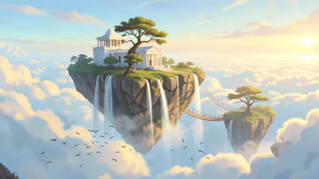 Floating sky islands with waterfalls dissolving into clouds