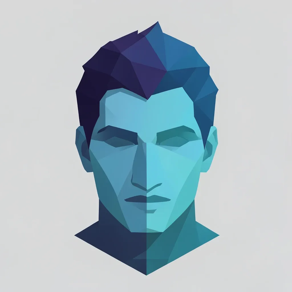 A low-poly faceted portrait avatar in cool blues — AI-generated example render