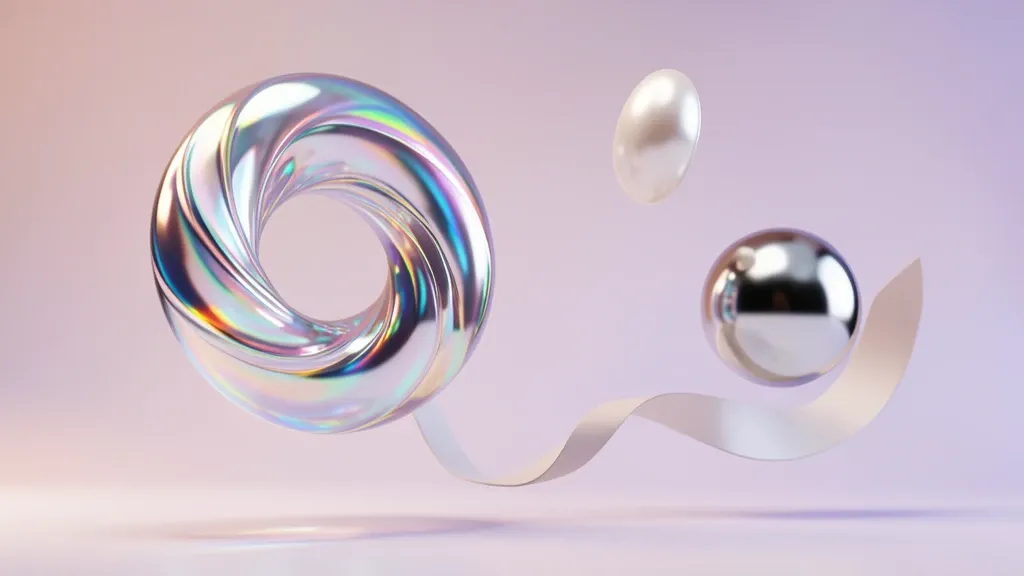 Glossy 3D abstract shapes in iridescent glass and chrome