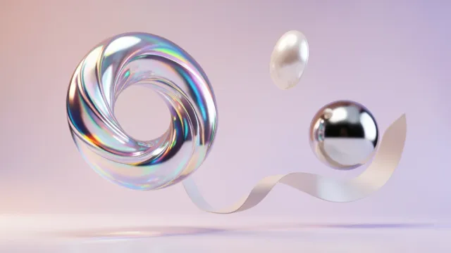 Glossy 3D abstract shapes in iridescent glass and chrome
