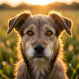 A golden-hour dog portrait headshot with glowing rim-lit fur