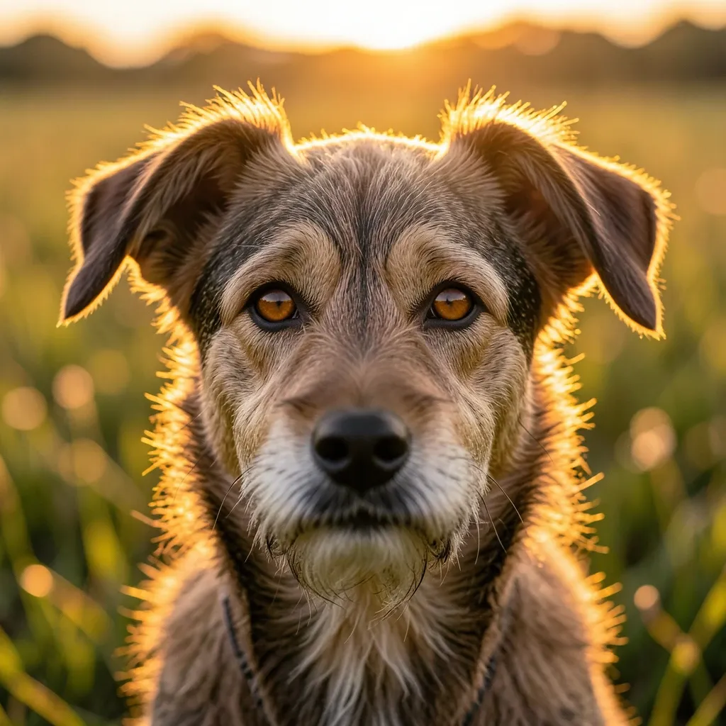 A golden-hour dog portrait headshot with glowing rim-lit fur