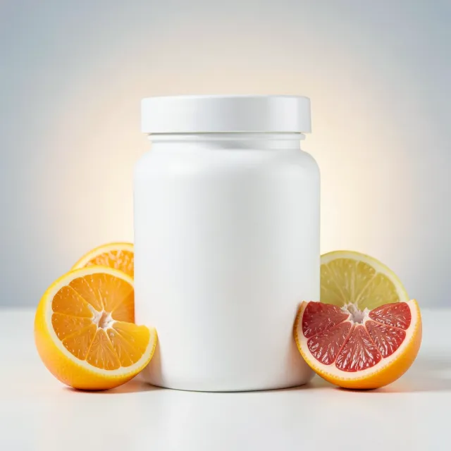 A blank white supplement jar on fresh citrus slices