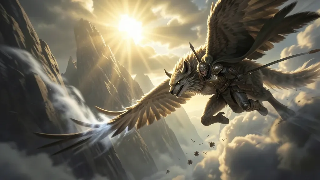 A griffin and rider banking through cloud canyons — AI-generated example render