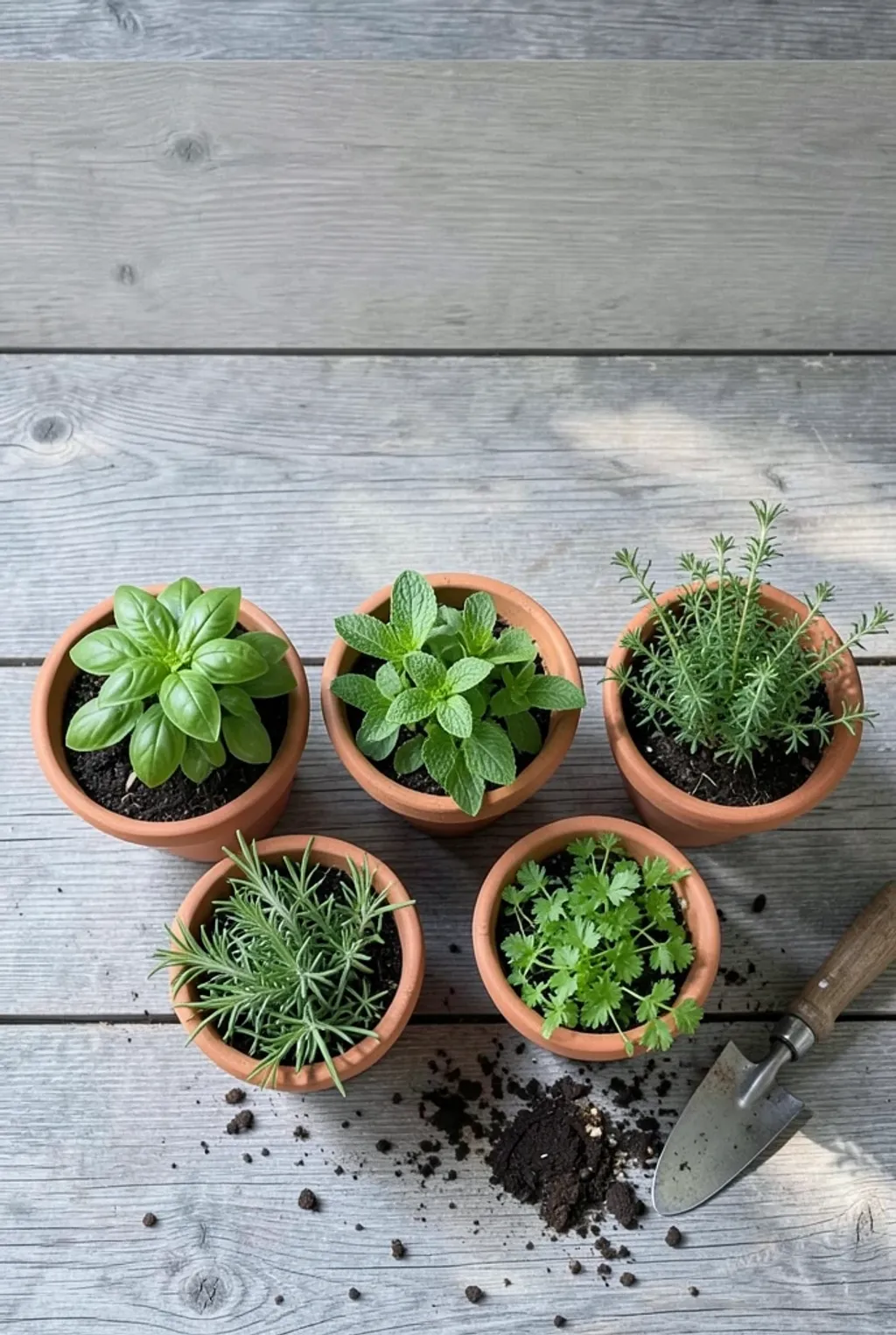 Five terracotta pots of kitchen herbs in a row on weathered grey wood, seen from above