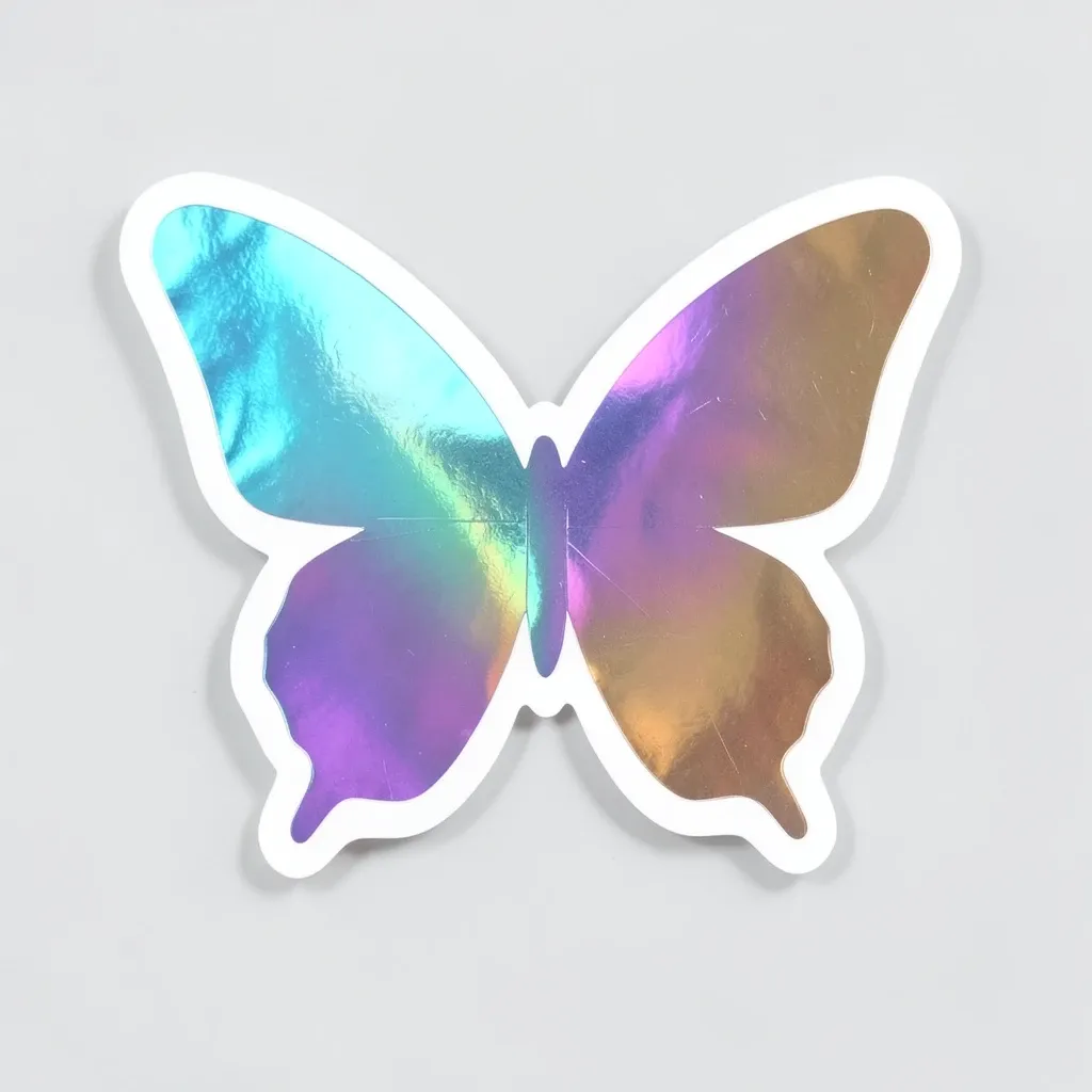 A holographic foil butterfly sticker with iridescent wings