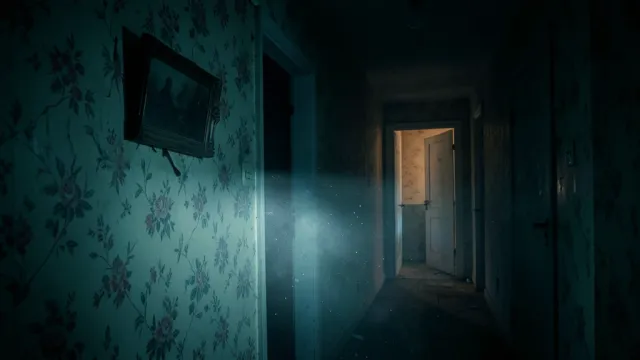 A haunted hallway horror thumbnail lit by a flashlight beam