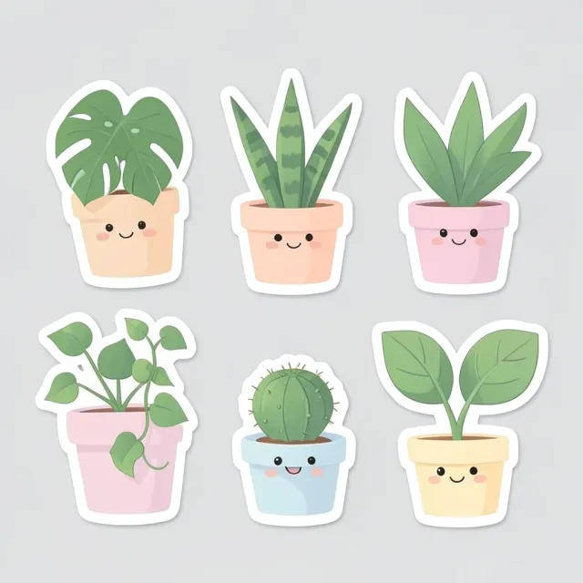 Cute smiling houseplant stickers in pastel pots — AI-generated example render