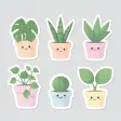 Cute smiling houseplant stickers in pastel pots — AI-generated example render