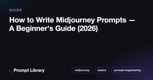 Branded cover card for the guide “How to Write Midjourney Prompts — A Beginner's Guide (2026)”, dark theme with iris accent