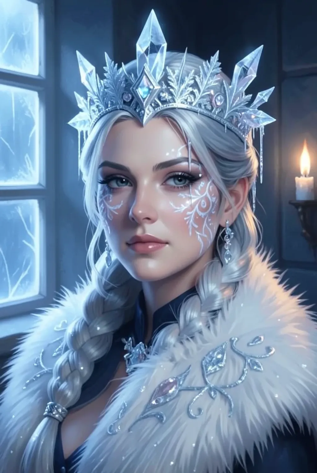 A painterly ice queen portrait with a crystalline frost crown