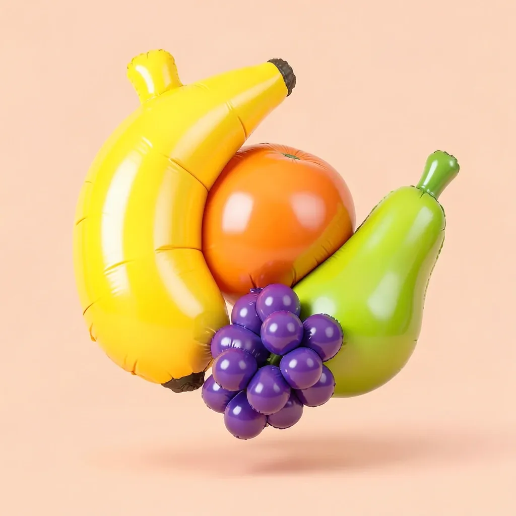 A glossy inflatable balloon-style 3D fruit set in studio light