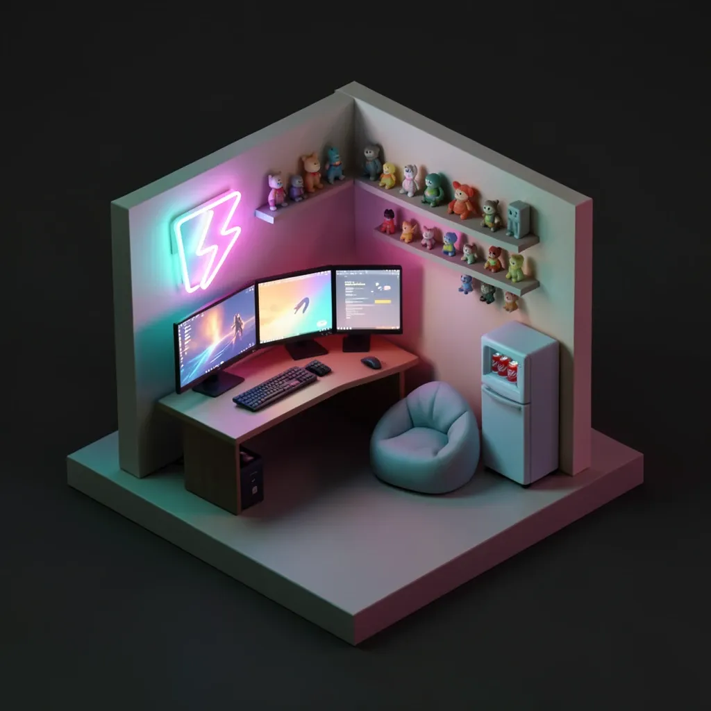A 3D isometric gamer room diorama with neon accents