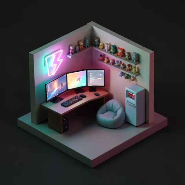 A 3D isometric gamer room diorama with neon accents