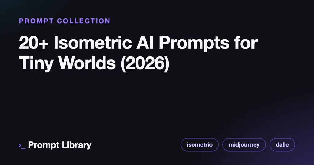 Branded cover card for the prompt collection “20+ Isometric AI Prompts for Tiny Worlds (2026)”, dark theme with iris accent