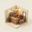 An isometric clay-render coffee shop cutaway diorama