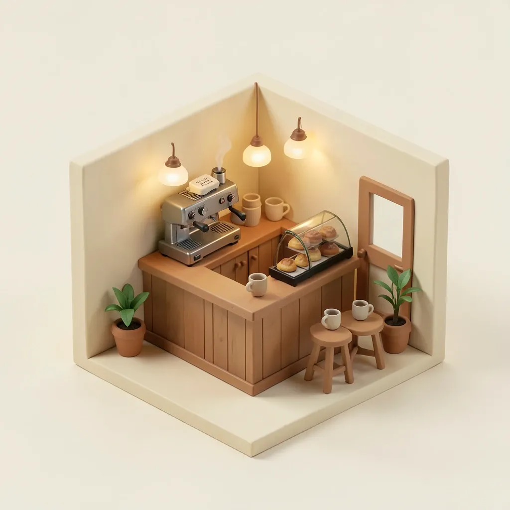 An isometric clay-render coffee shop cutaway diorama