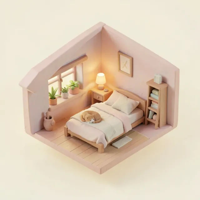 An isometric clay-render attic bedroom diorama — AI-generated example render