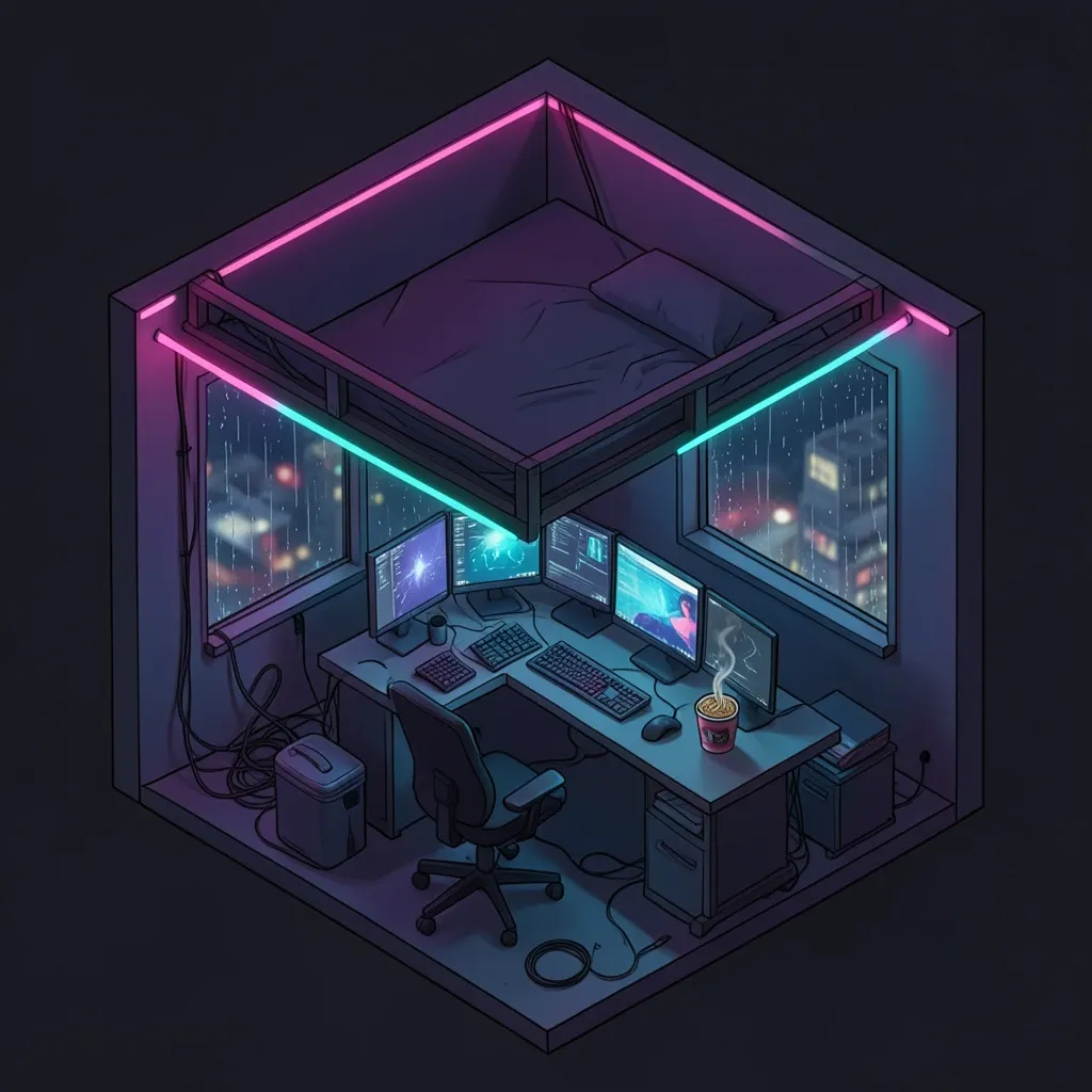 A neon-lit isometric cyberpunk micro-apartment cutaway