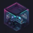 A neon-lit isometric cyberpunk micro-apartment cutaway