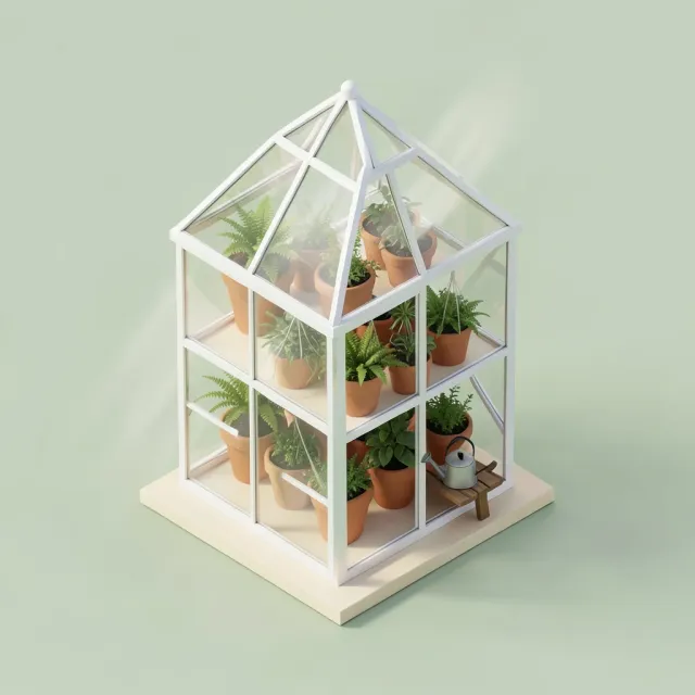 An isometric glass greenhouse diorama with tiered plants