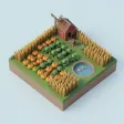 An isometric tiny farm diorama with barn and crop rows