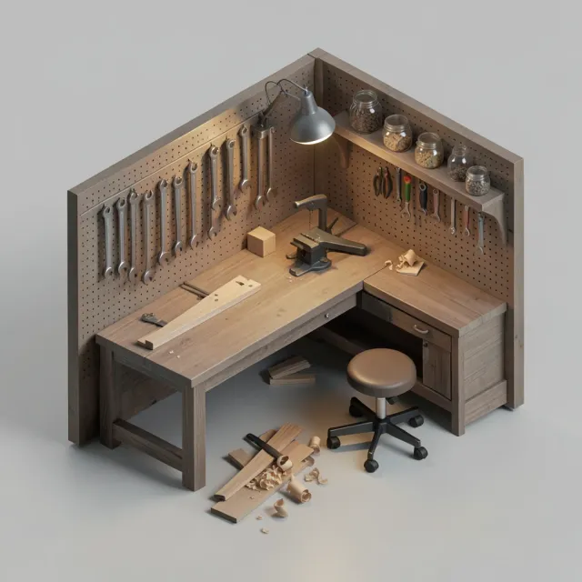 An isometric maker workshop with pegboard tool wall