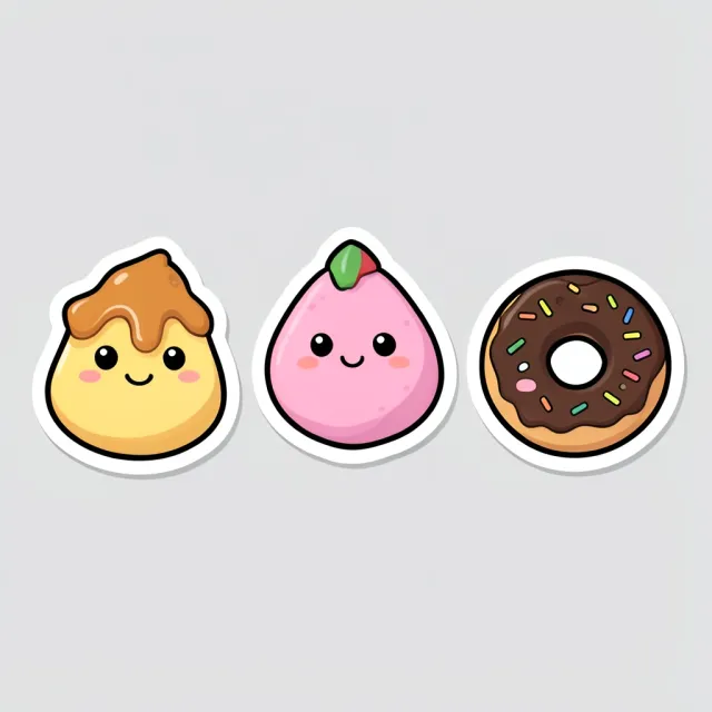A kawaii dessert sticker sheet with pudding, mochi and donut