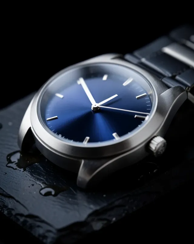 A macro luxury wristwatch on dark slate — AI-generated example render