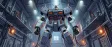 A wide anime mecha hangar scene with tiny engineers