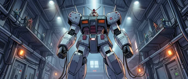 A wide anime mecha hangar scene with tiny engineers