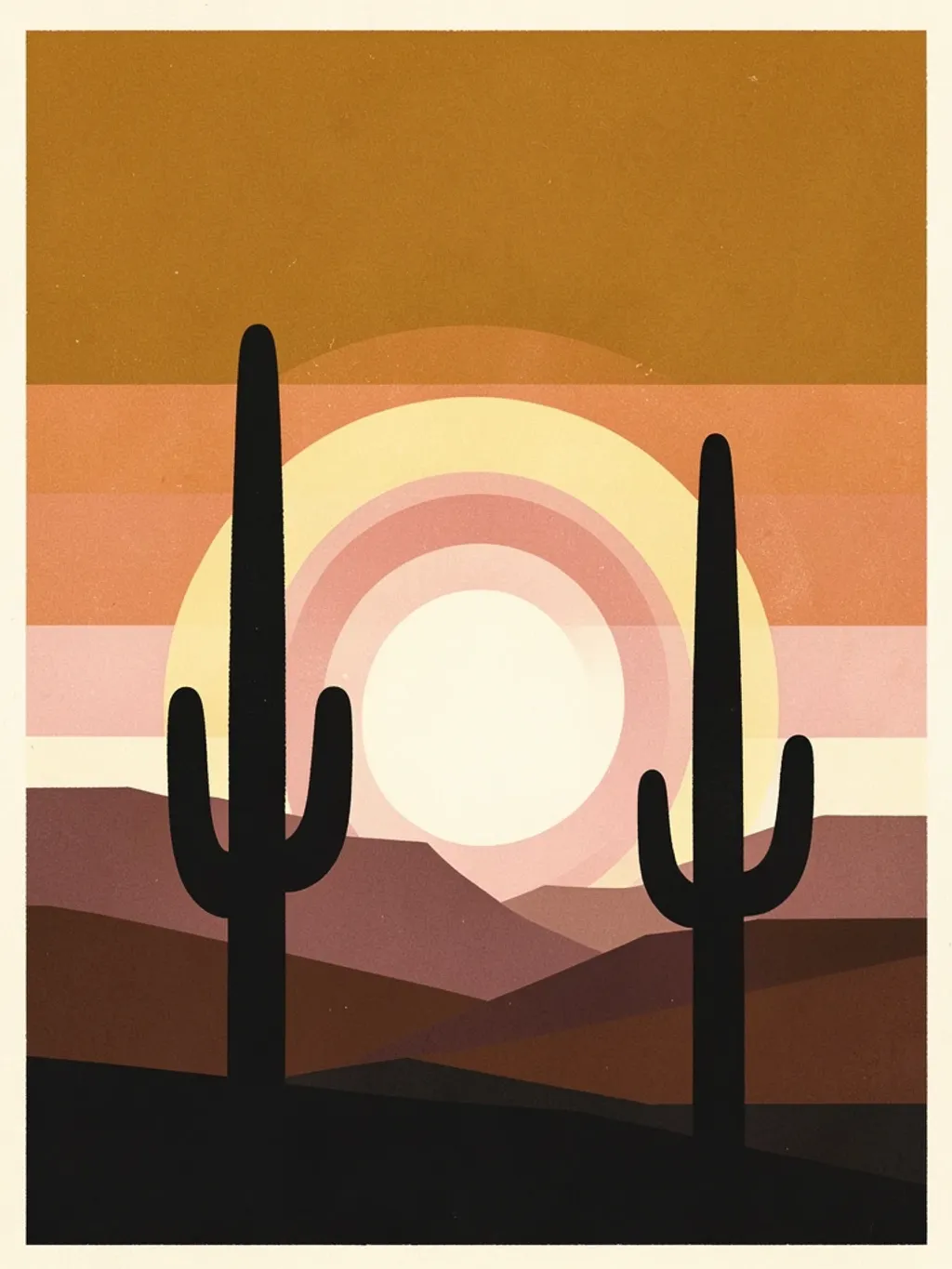 A mid-century flat desert sunset print with cacti — AI-generated example render