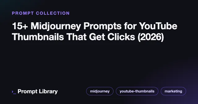 Branded cover card for the prompt collection “15+ Midjourney Prompts for YouTube Thumbnails…”, dark theme with iris accent