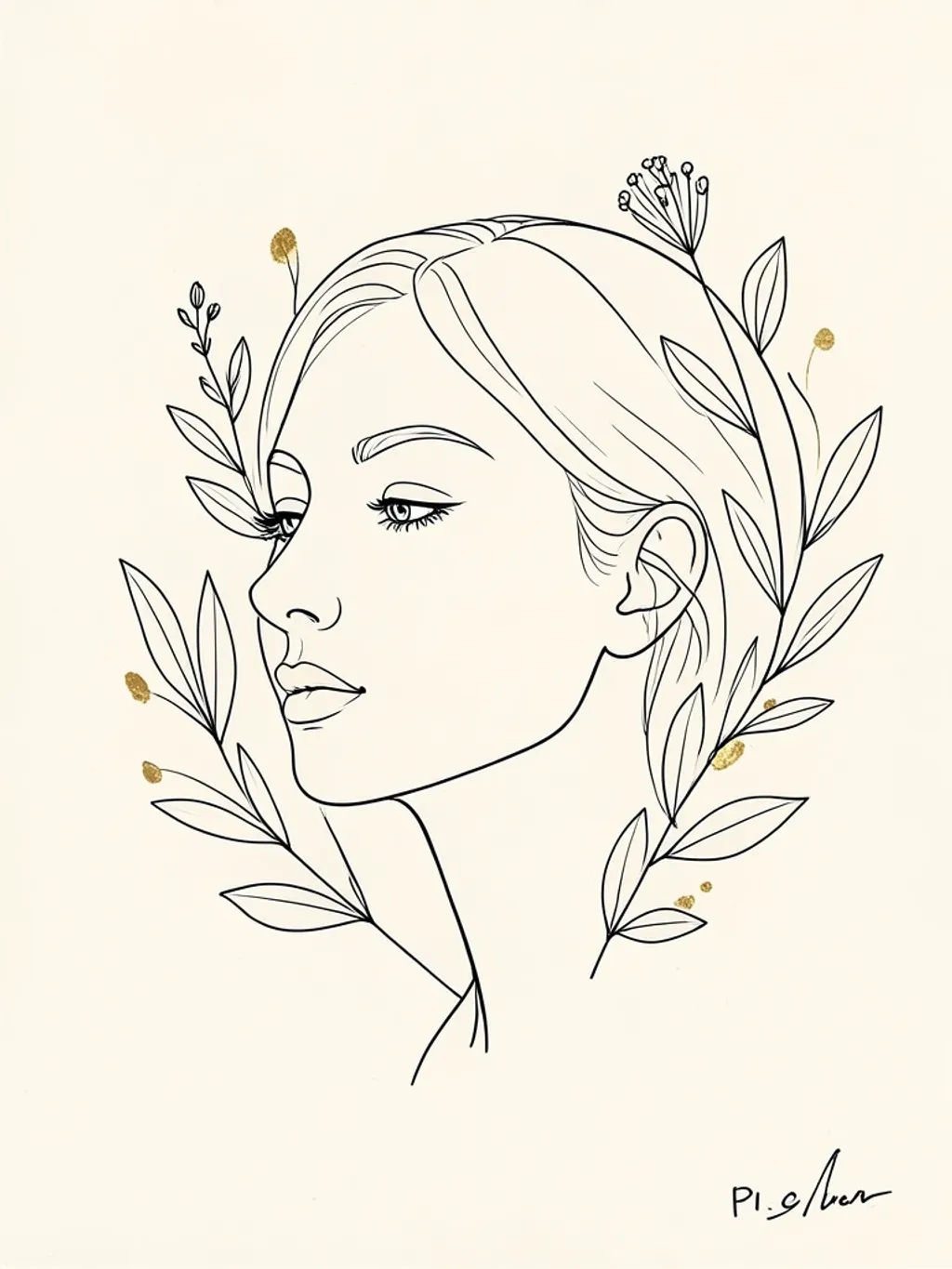 A single-line face profile drawing with gold accent