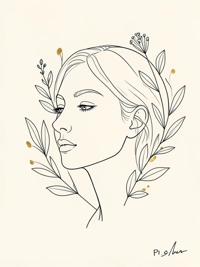 A single-line face profile drawing with gold accent